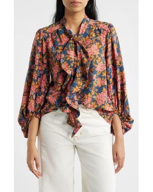 Wit & Wisdom Floral Split Neck Peasant Blouse - Red