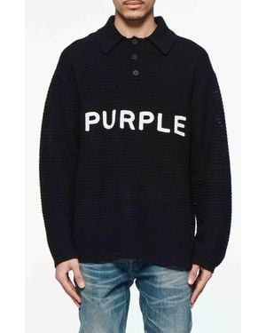 Purple Brand Logo Embroidered Wool Polo Sweater - Black