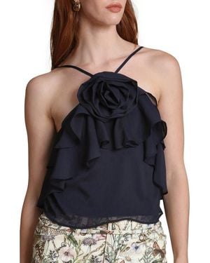 Avec Les Filles Rosette Ruffle Neck Halter Top - Black