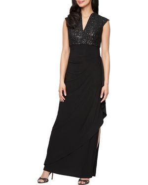 Alex Evenings Sequin Corded Lace Bodice Empire Waist Gown - Black