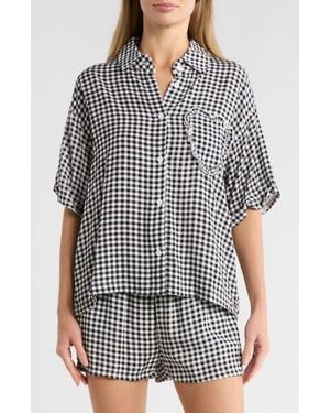 Betsey Johnson Heart Patch Cabana Button-Up Shirt & Shorts Cover-Up Set - Gray