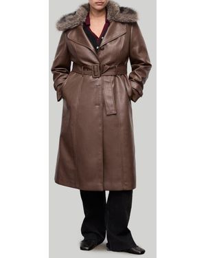 Mango Fur Collar Leather-effect Coat - Brown