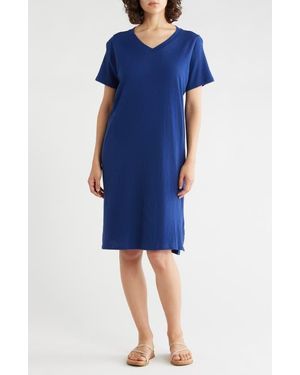 Eileen Fisher V-Neck Organic Cotton T-Shirt Dress - Blue