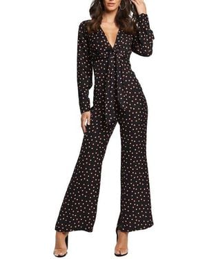 Bardot Dot Print Long Sleeve Tie Bodice Jumpsuit - Black