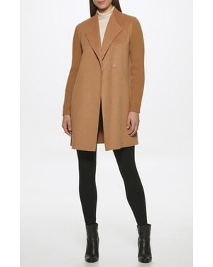 Kenneth Cole Ribbed Sleeve Wool Blend Coat - Natural