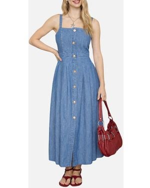 Blu Pepper Button Front Denim Midi Dress - Blue