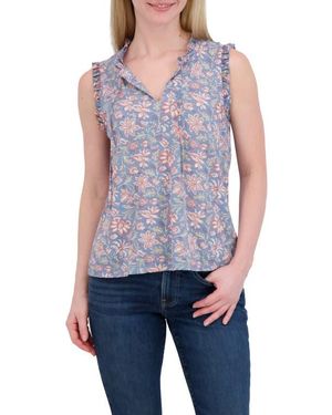 Lucky Brand Ruffle Split Neck Cotton Blend Tank - Blue