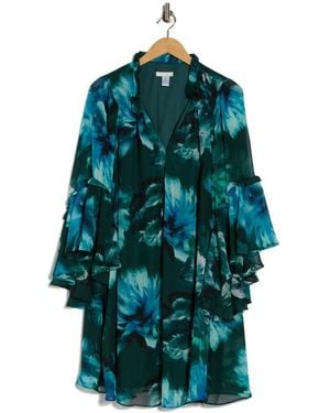 London Times Floral Long Sleeve A-Line Dress - Blue