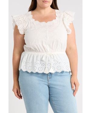Democracy Embroidered Eyelet Flutter Sleeve Peplum Top - White