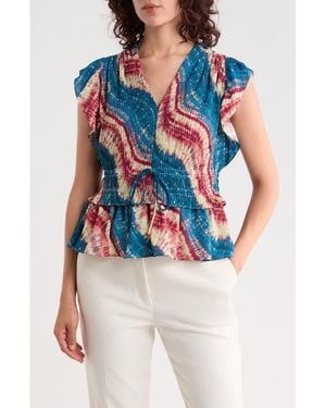 Nicole Miller Tie Dye Cap Sleeve Peplum Top - Blue
