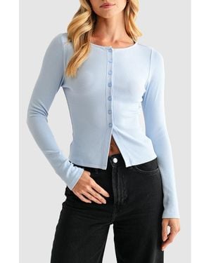 Lush Long Sleeve Button Front Crop Top - Blue