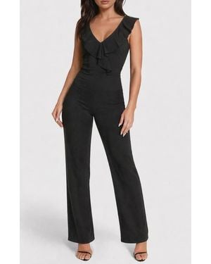 Bebe Scuba Crepe Ruffle V-Neck Jumpsuit - Black