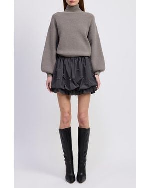 En Saison Florentina Long Sleeve Mixed Media Minidress - Gray