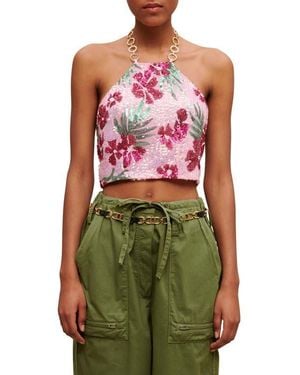 Maje Lustik Floral Sequin Crop Halter Top - Red