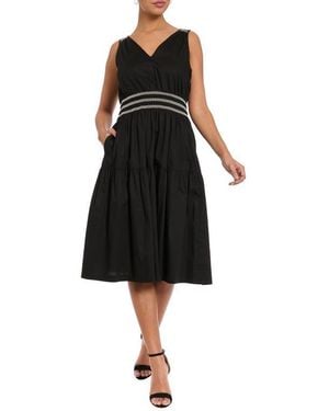 London Times Shirred Stretch Cotton Sundress - Black