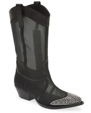 KARL LAGERFELD Rhinestone Detail Mesh Western Boot - Black