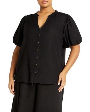 City Chic Georgia Short Sleeve Button Front Shirt - Black