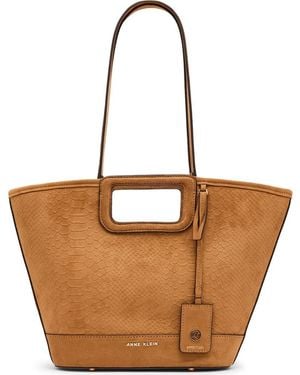 Anne Klein Cutout Handle Faux Suede Tote - Brown