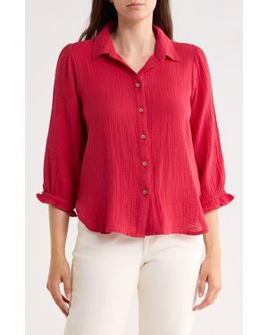 TROVE NEW YORK Sunset Cotton Gauze Button-Up Shirt - Red