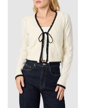 Lush Contrast Trim Tie Front Cardigan - White