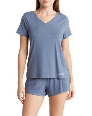 Calvin Klein V-Neck T-Shirt & Shorts 2-Piece Pajama Set - Blue