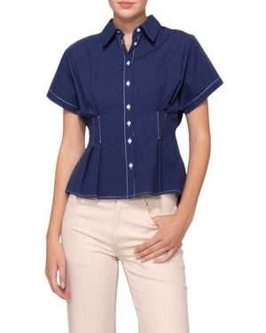 MELLODAY Godet Short Sleeve Button-Up Shirt - Blue