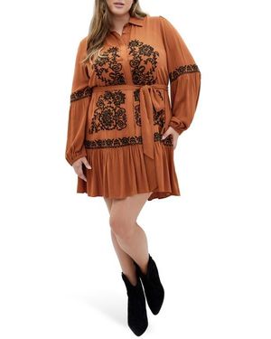 City Chic Marlie Long Sleeve Embroidered Minidress - Brown