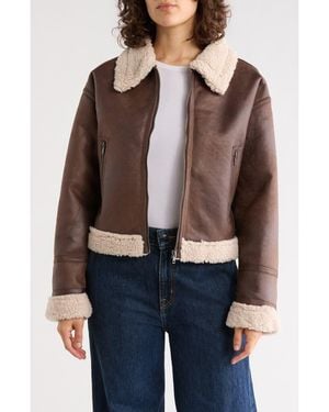 Sanctuary Faux Shearling Lined Faux Leather Crop Jacket - Brown