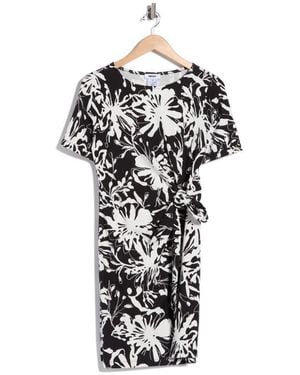 DKNY Floral Short Sleeve Faux Wrap Dress - Black