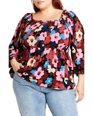 City Chic Poppy Balloon Sleeve Peplum Top - Red