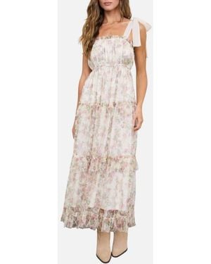 Blu Pepper Tie Strap Ruffle Tiered Floral Chiffon Midi Dress - Natural