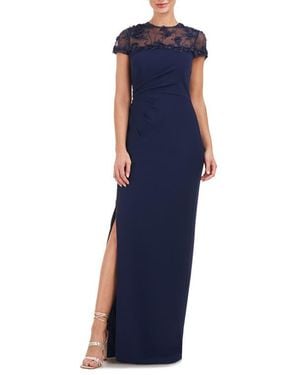 JS Collections Laney Rosette Embroidered Mesh Yoke Sheath Gown - Blue