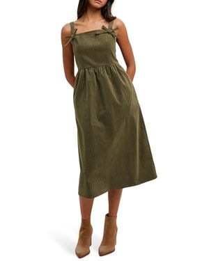 Wishlist Corduroy Bow Strap Overalls Midi Dress - Green