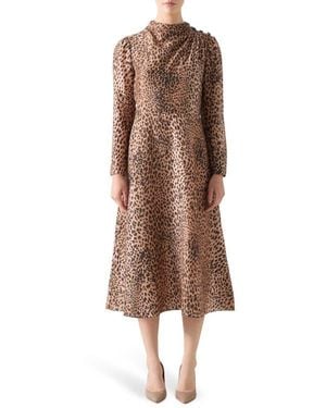 LK Bennett Samantha Print Long Sleeve Midi Dress - Brown