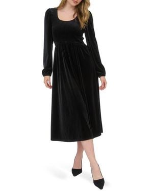 AUGUST SKY Long Sleeve Smocked Velvet Midi Dress - Black