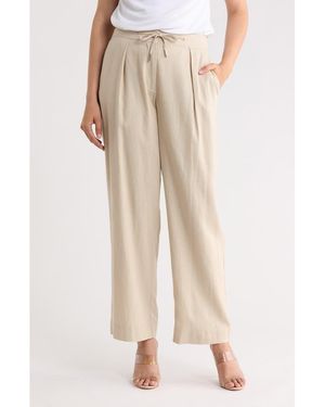DKNY Pleated Linen Drawstring Wide Leg Pants - Natural