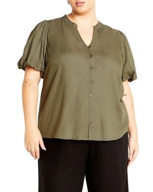 City Chic Georgia Short Sleeve Button Front Shirt - Green