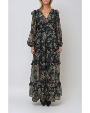 MELLODAY Print Ruffle Long Sleeve Chiffon Maxi Dress - Gray