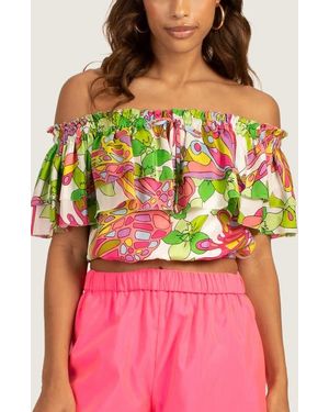 Trina Turk Solange Print Ruffle Off The Shoulder Silk Crop Top - Pink