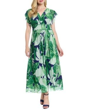 London Times Cap Sleeve Mesh Maxi Dress - Green