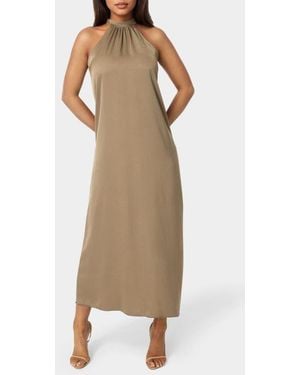 Bebe Crushed Satin Mock Neck Maxi Dress - Natural