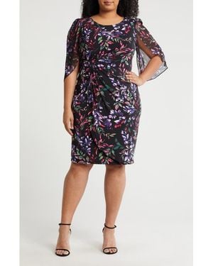 Connected Apparel Floral Chiffon Sleeve Faux Wrap Dress - Blue