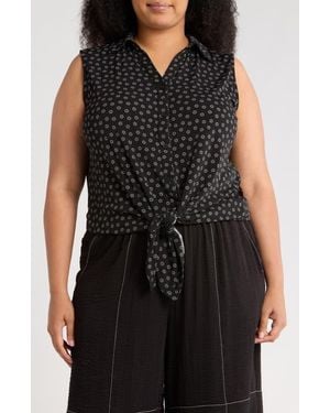 Adrianna Papell Sleeveless Tie Front Button-Up Top - Black