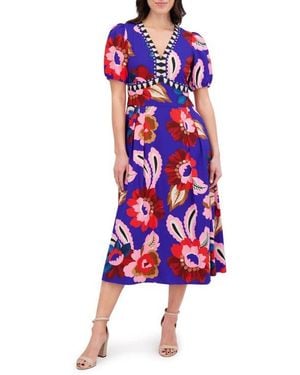 Kensie Puff Sleeve Midi Dress - Red