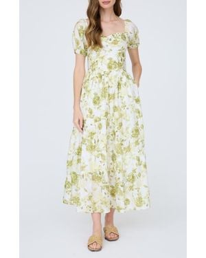 AUGUST SKY Floral Puff Sleeve Tiered Fit & Flare Midi Dress - Green