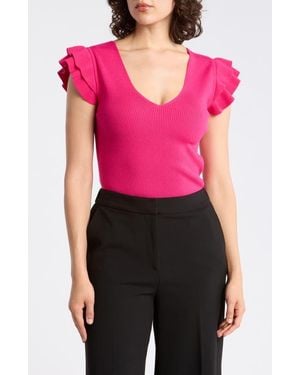 Tahari Ruffle Sleeve Fitted Sweater - Pink