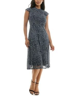 Nina Leonard Mock Neck Flutter Sleeve Midi Dress - Blue