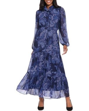 London Times Ruffle Long Sleeve Shirtdress - Blue