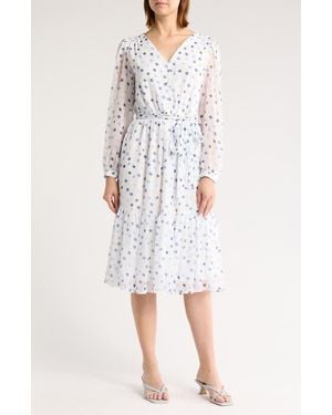 DKNY Polka Dot Long Sleeve Chiffon Midi Dress - White