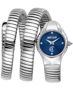 Just Cavalli Snake Amanta Wraparound Silvertone Bracelet Watch, 22.5Mm X 32.5Mm - Blue